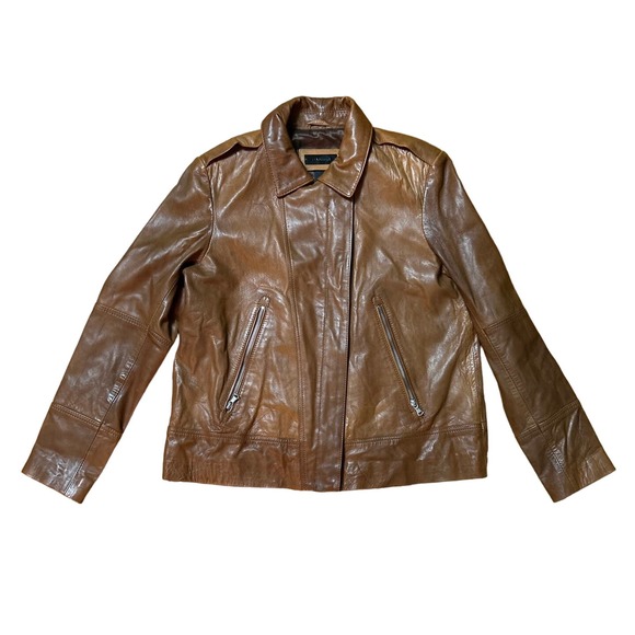 Danier Cognac Leather Biker Jacket Zip Up size:M